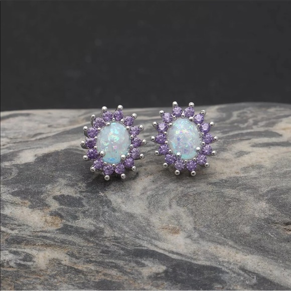 New Opal Oval Amethyst Stud Earrings - Picture 7 of 7
